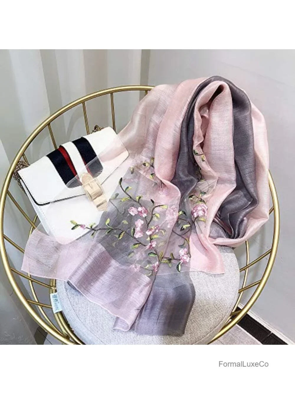 Silk&Wool Gradient Embroidered Scarf Headwrap Shawl Large